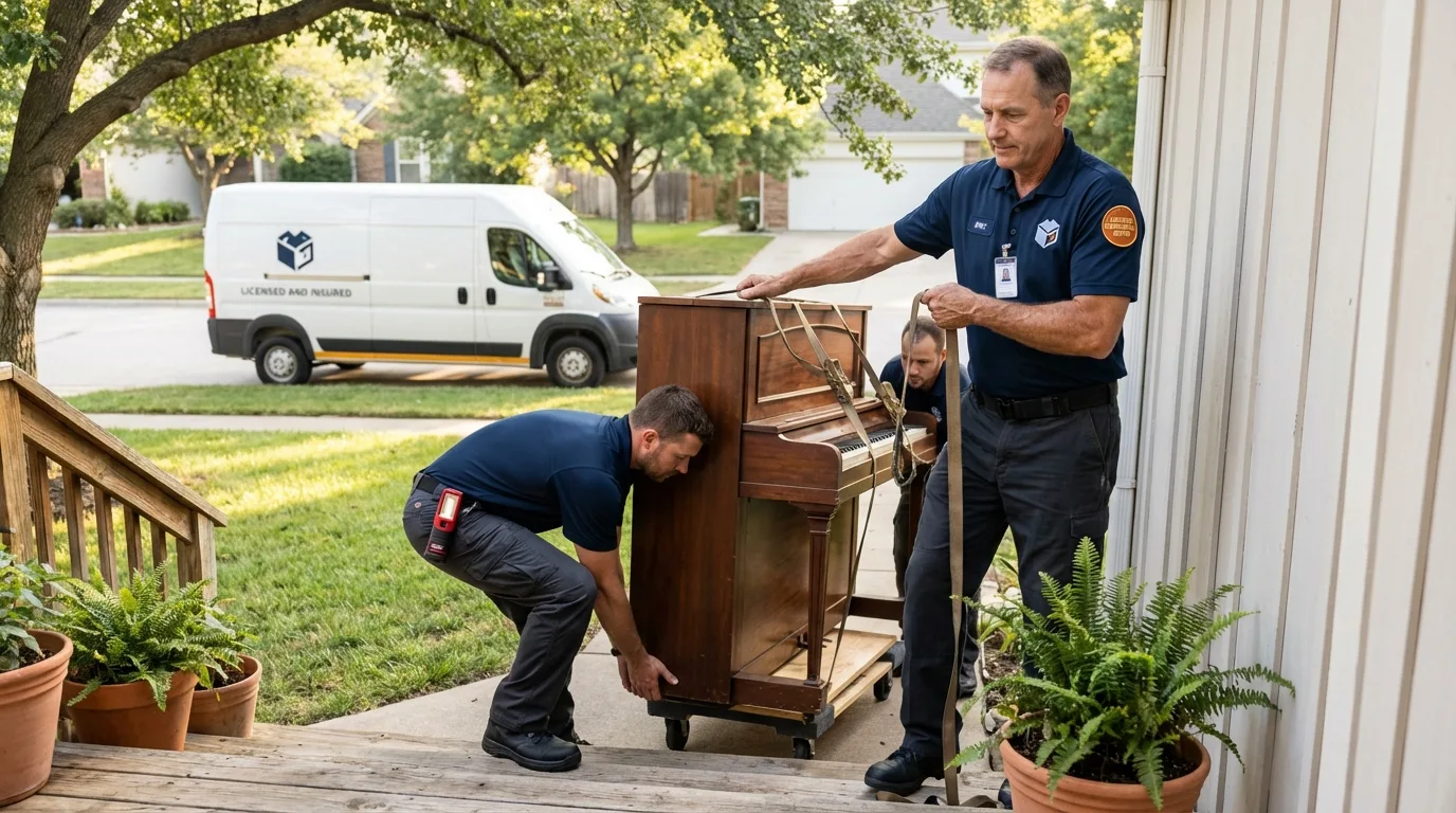 Licensed piano movers securing grand piano in Manhattan, NY