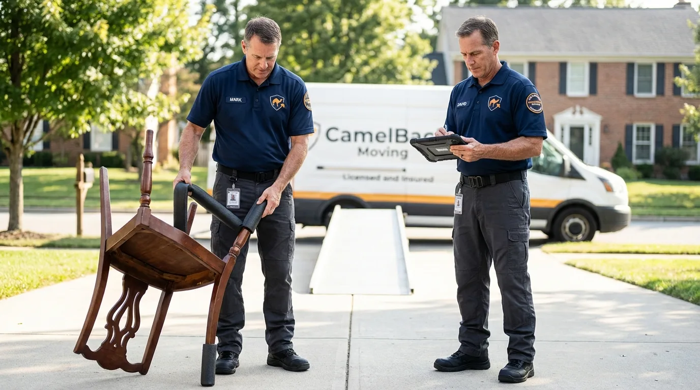 Movers inspecting furniture for damage prevention before loading in Manhattan, NY
