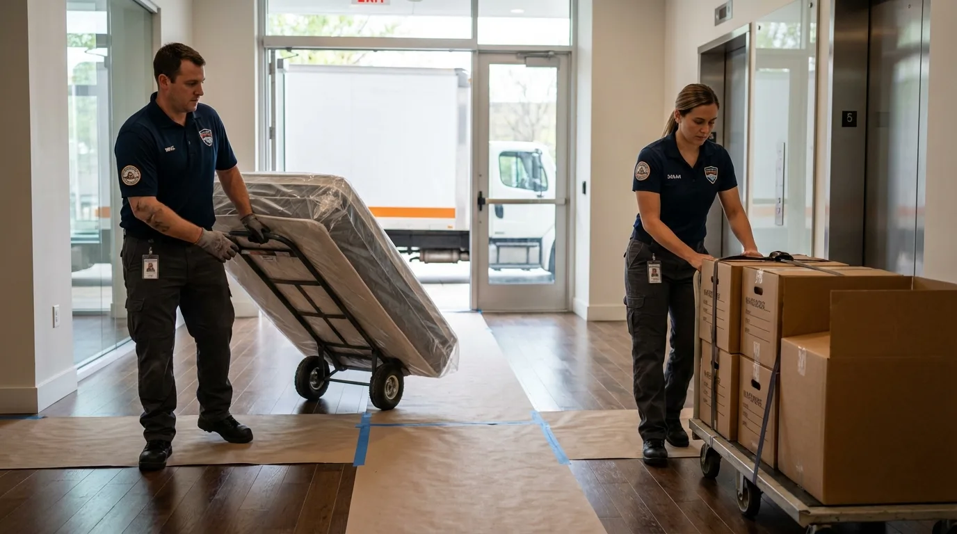 Professional apartment movers loading elevator in Manhattan, NY